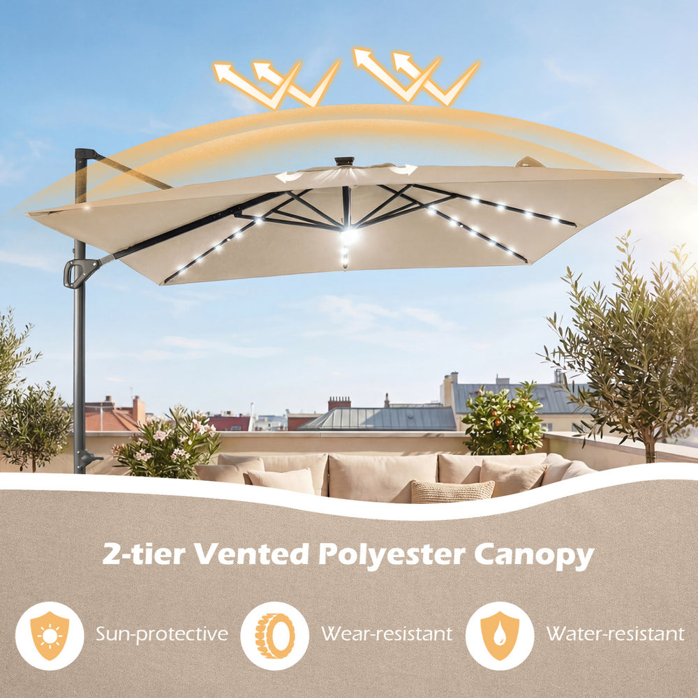 10 ft Cantilever Patio Umbrella with 32 Solar LED Lights and 220 LBS Base-Dark Blue