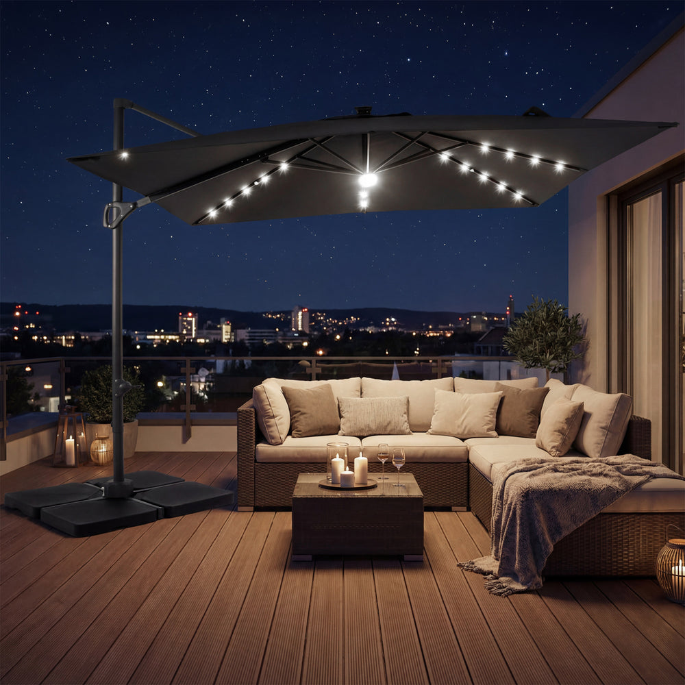 heavy duty solar patio umbrella 10 Ft Offset Cantilever Umbrella with 40 Powered it delivers both generous shade by day and inviting lighting by nightperfect for backyard gatherings 10 ft Cantilever Patio Umbrella