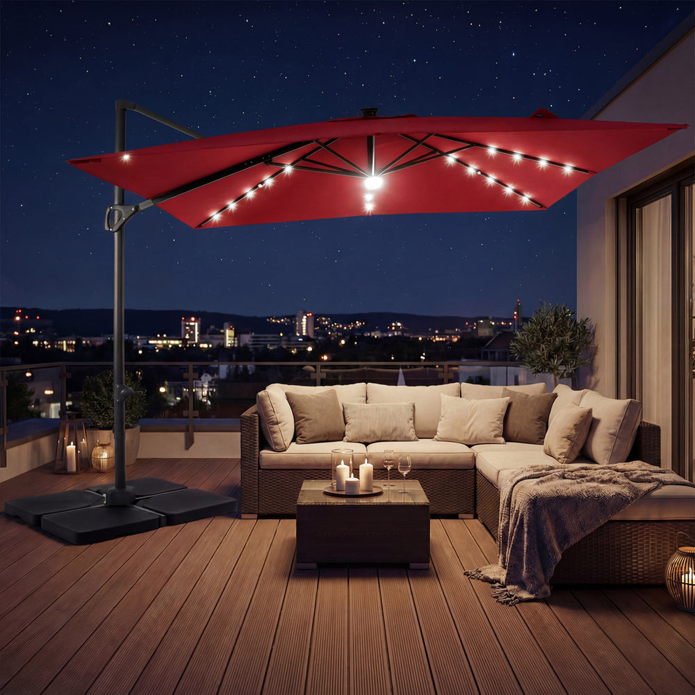 10 ft Cantilever Patio Umbrella with 32 Solar LED Lights and 220 LBS Base-Red