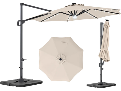 Costway 10' Cantilever Patio Umbrella w/ 35 Solar LED Lights & 220 lbs Base 56573272 New