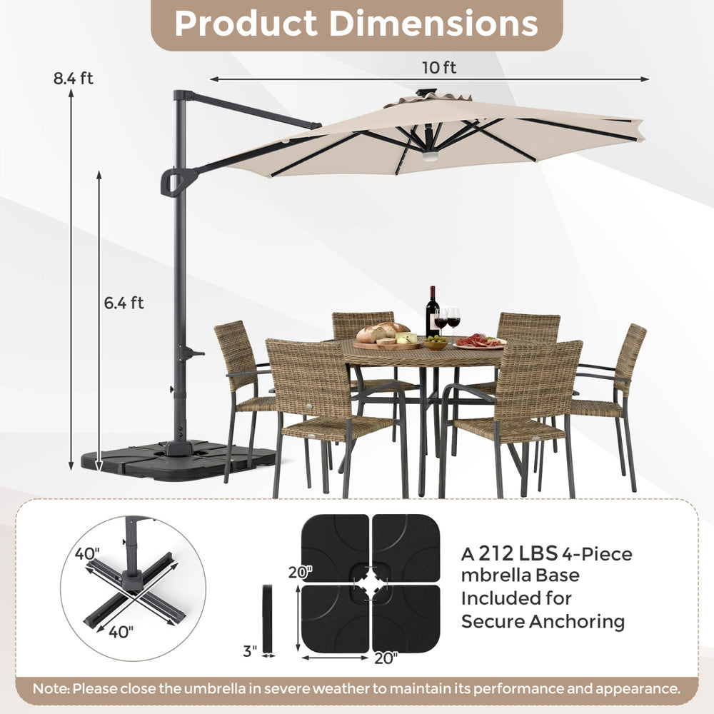 10 FT cantilever patio umbrella with beige canopy, 35 solar LED lights, and 220 LBS base for outdoor dining.