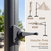 10 FT cantilever patio umbrella with a hassle-free crank, beige fabric, and solar LED lights for outdoor enjoyment.