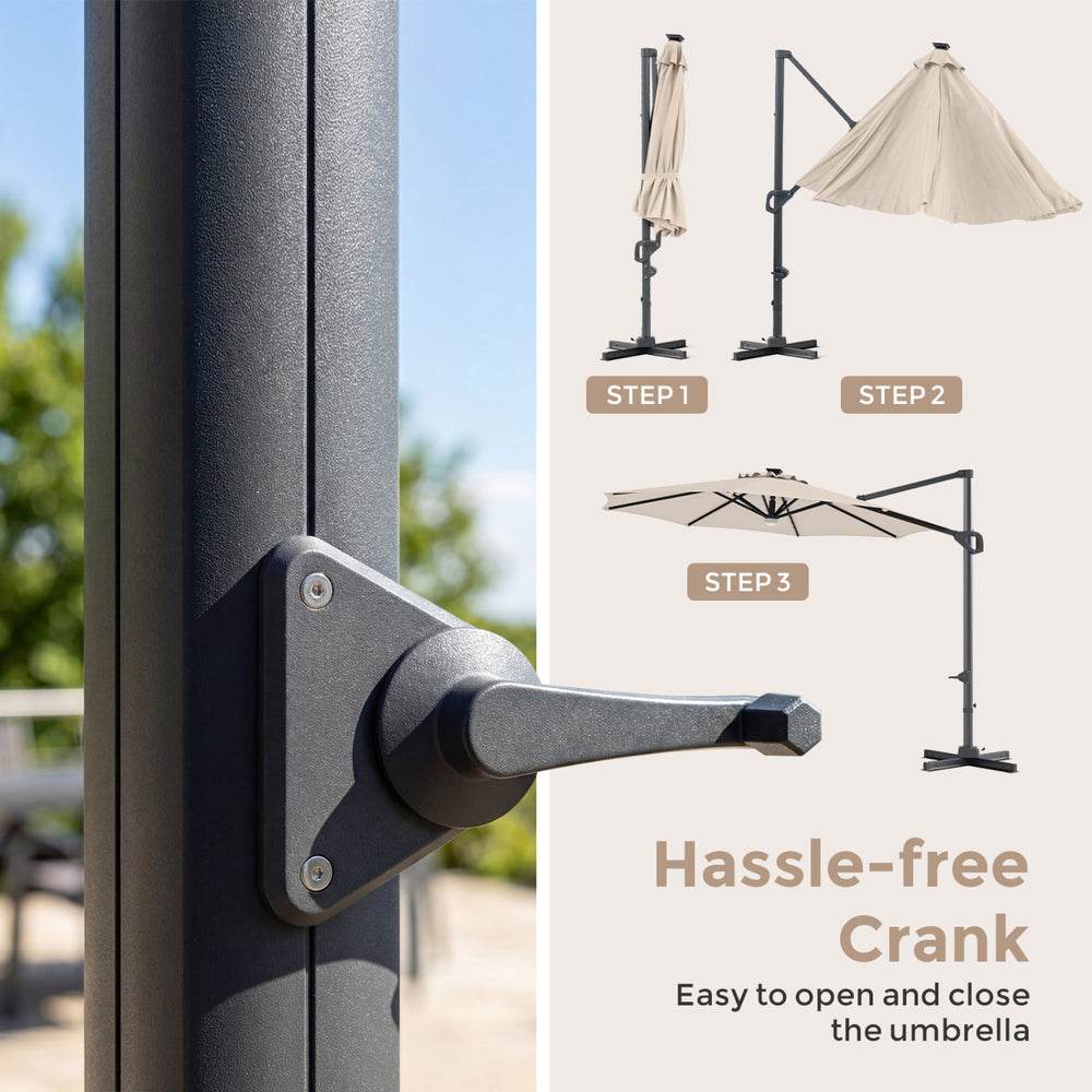 10 FT cantilever patio umbrella with a hassle-free crank, beige fabric, and solar LED lights for outdoor enjoyment.