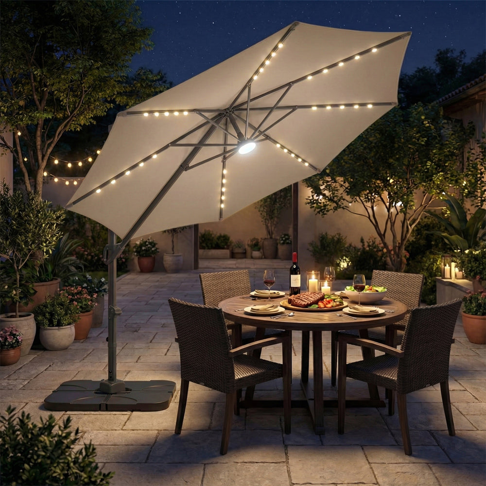 10 FT Cantilever Patio Umbrella with 35 Solar LED Lights and 220 LBS Base-Brown - Gallery View 1 of 10