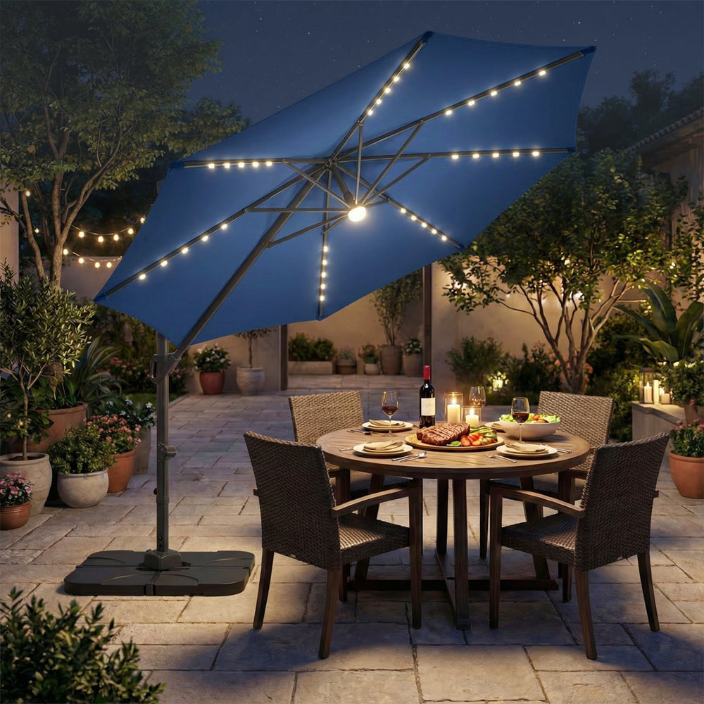 10 FT Cantilever Patio Umbrella with 35 Solar LED Lights and 220 LBS Base-Dark Blue - Gallery View 1 of 10