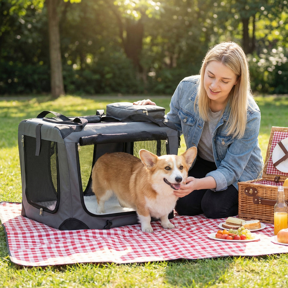Collapsible soft dog crate with mesh windows, shown outdoors with a woman and a corgi, perfect for travel.