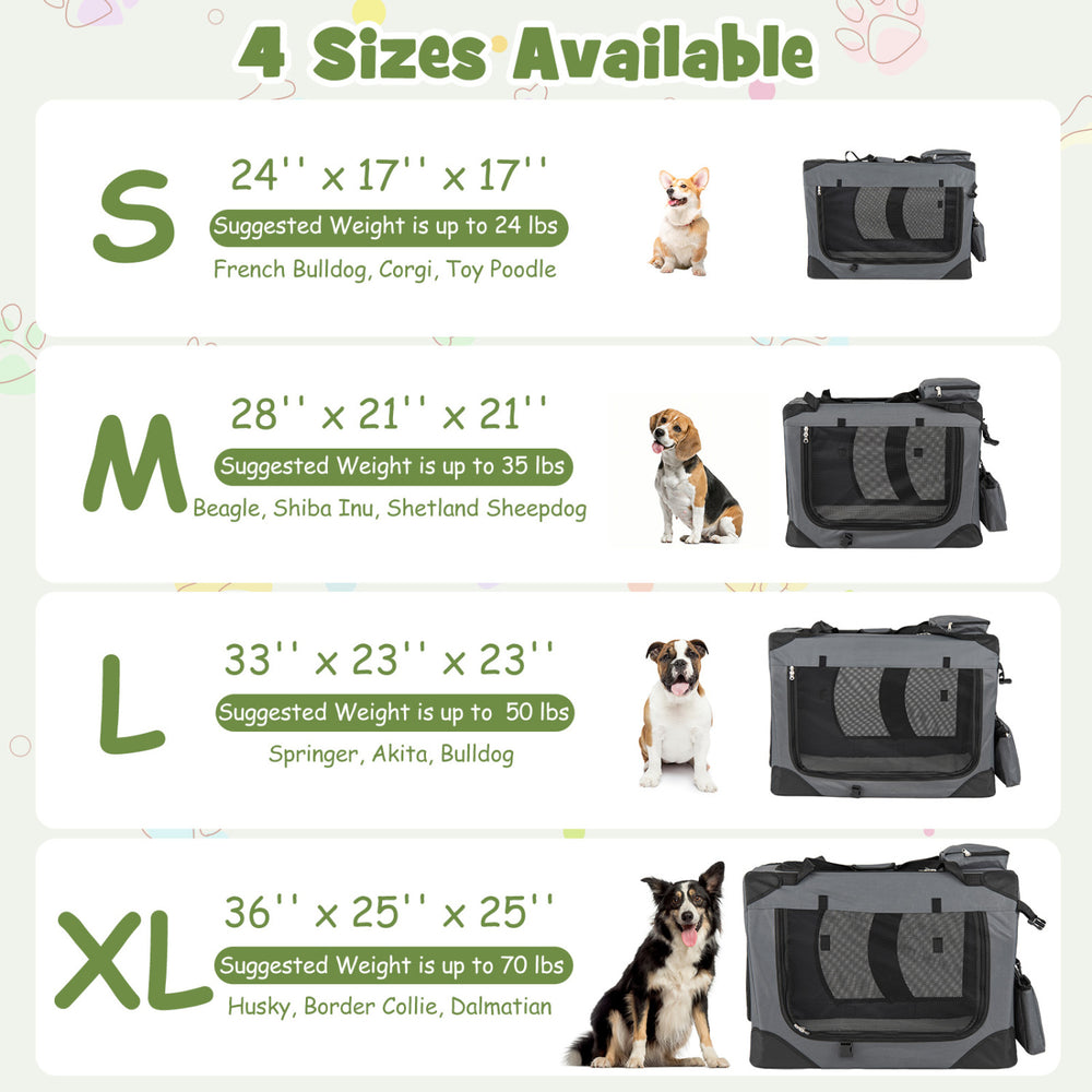 Collapsible soft dog crate in size S, suitable for dogs up to 24 lbs, featuring mesh windows and three doors.