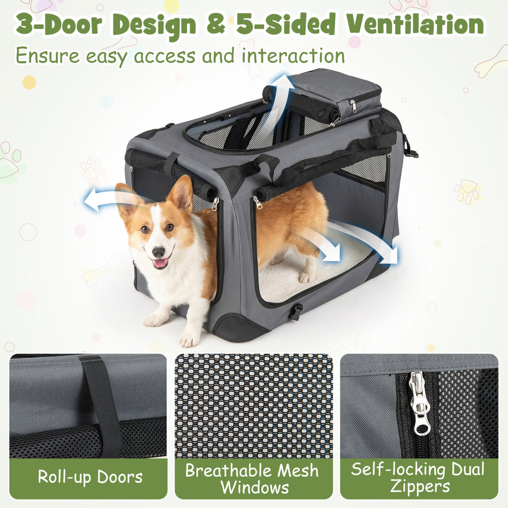 Collapsible soft dog crate with breathable mesh windows, 3 doors, and self-locking zippers for easy travel.