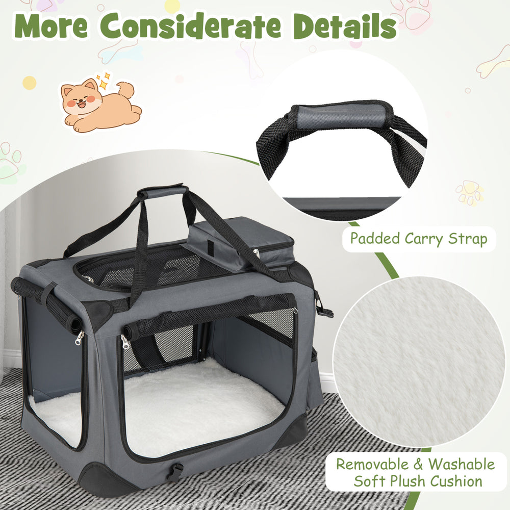 Collapsible soft dog crate with mesh windows, padded carry strap, and removable plush cushion for easy travel.