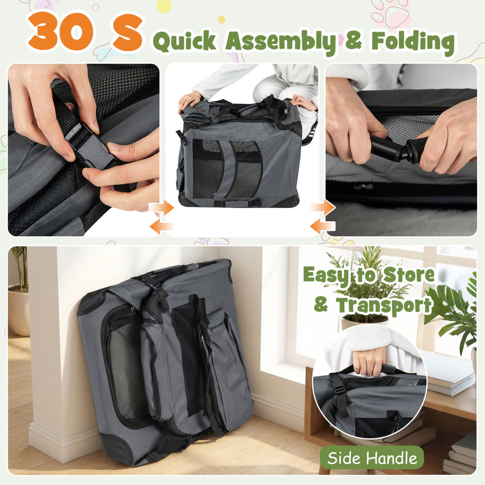 Collapsible soft dog crate with mesh windows, featuring quick assembly, easy transport handle, and compact storage.