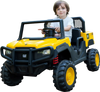 Yellow 24V licensed Caterpillar ride-on dump truck with a child driver, perfect for outdoor fun and adventure.