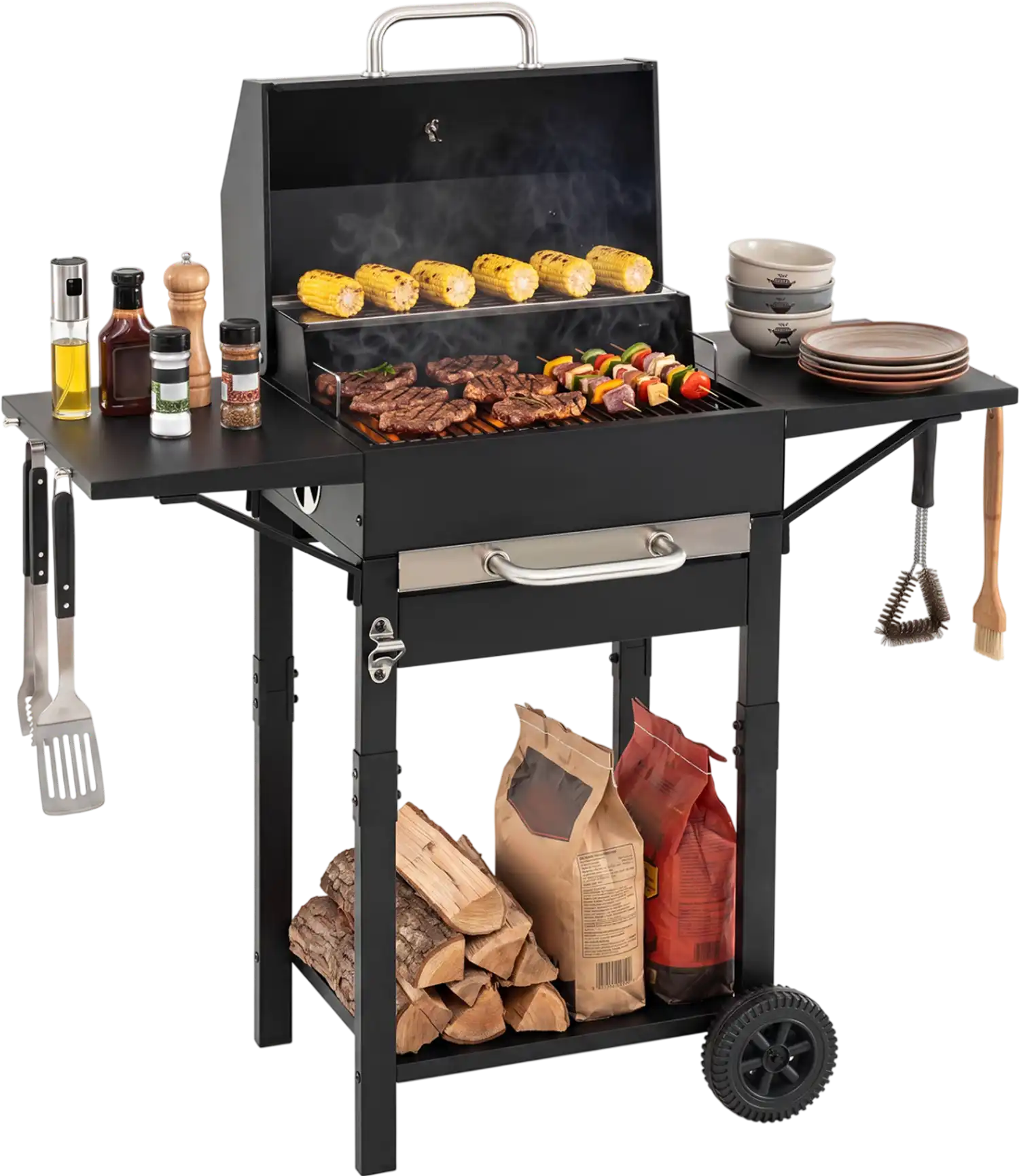 Costway Charcoal Grill w/ 2 Side Tables & Adjustable Chimney 284 sq.in 86994247 New