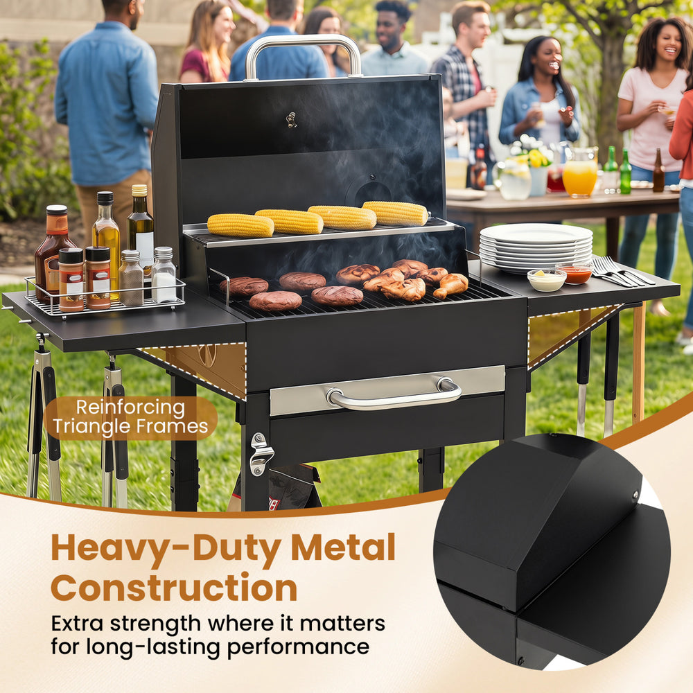 Charcoal grill with heavy-duty metal construction, dual side tables, and real-time thermometer for outdoor cooking.