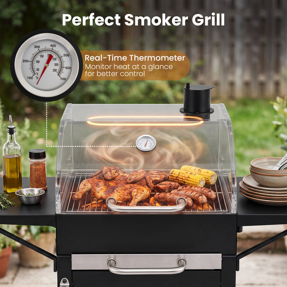 Charcoal grill with real-time thermometer, dual side tables, and heavy-duty construction for outdoor cooking.