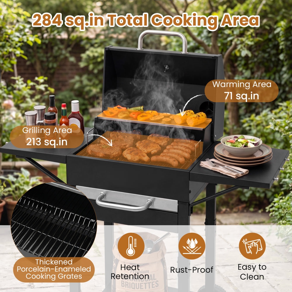 Charcoal grill with 284 sq.in total cooking area, featuring porcelain-enameled grates and dual side tables for prep.