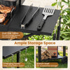 Charcoal grill with dual side tables, thermometer, and 6 hanging hooks for easy tool access and ample storage space.