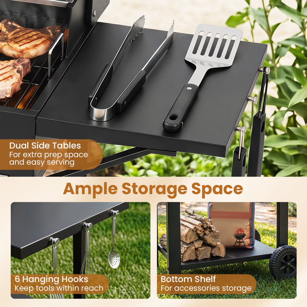 Charcoal grill with dual side tables, thermometer, and 6 hanging hooks for easy tool access and ample storage space.