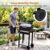 Charcoal grill with wheels and side tables, featuring a thermometer and easy mobility design for outdoor cooking.