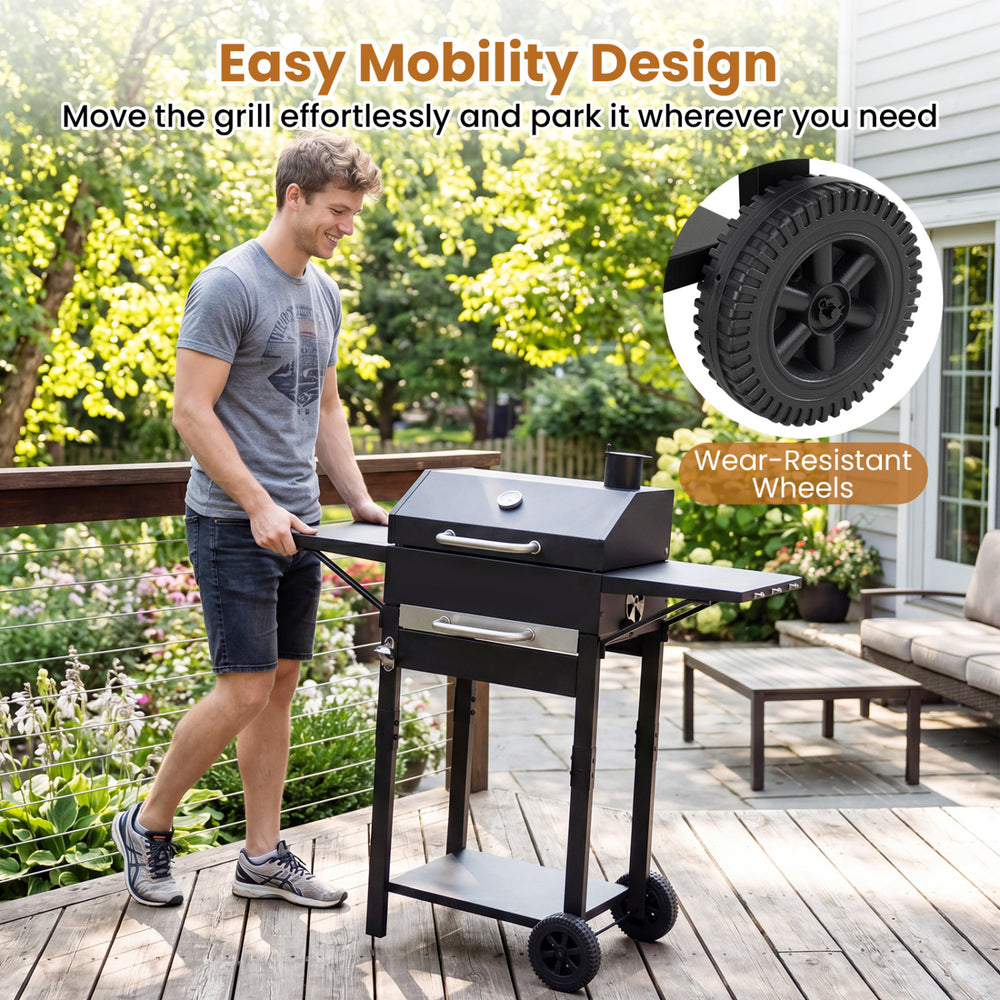 Charcoal grill with wheels and side tables, featuring a thermometer and easy mobility design for outdoor cooking.