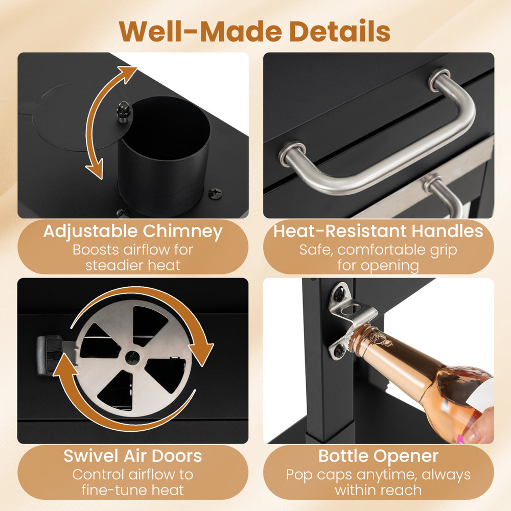 Adjustable chimney and heat-resistant handles on the charcoal grill with 2 side tables for enhanced cooking control.