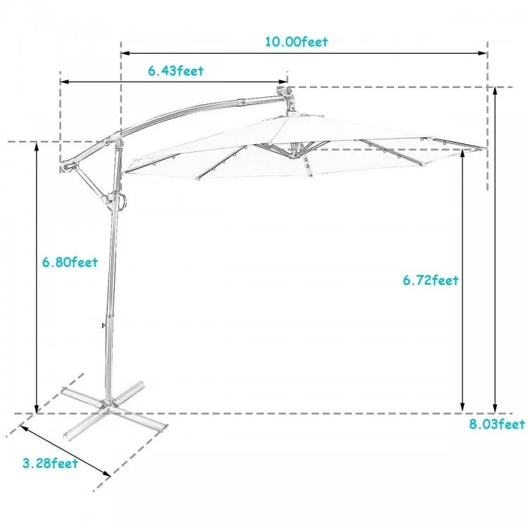 10ft LED offset umbrella with a 360° tilting system, perfect for providing shade in your backyard oasis.
