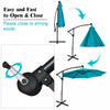 Offset umbrella with easy tilt mechanism, featuring a vibrant teal color for outdoor patio shade and relaxation.