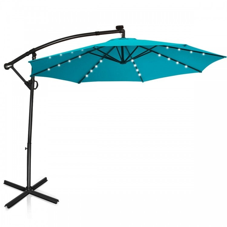 10ft LED offset umbrella in turquoise with solar lights, perfect for creating shade in your backyard oasis.