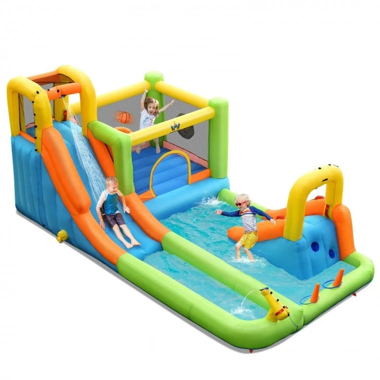 Colorful 8-in-1 water slide with double slides and pool, perfect for backyard fun and family entertainment.