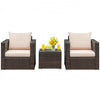 Two patio chairs with cream cushions and a coffee table, part of a 6-piece rattan furniture set for outdoor relaxation.