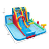 Inflatable water slide park with dimensions 163" x 157", featuring vibrant colors and safety netting for backyard fun.