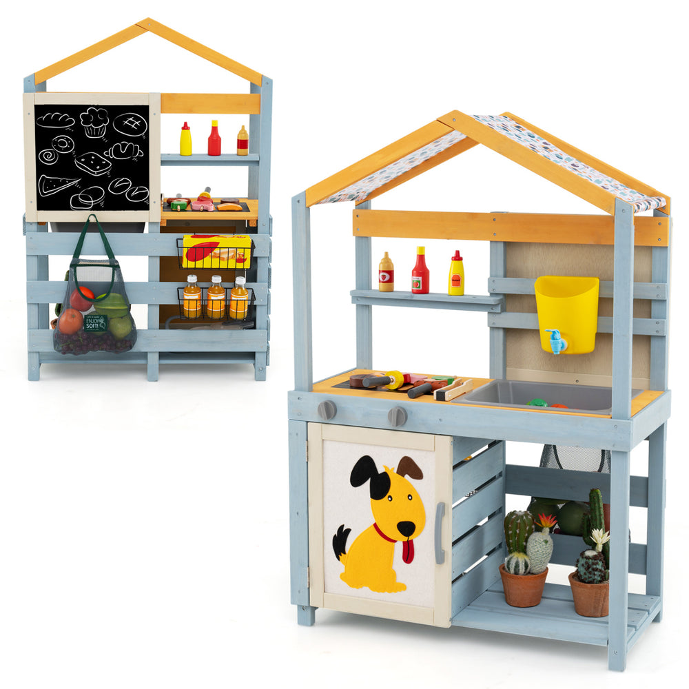 Wooden mud kitchen and BBQ grill set with picnic table, featuring dual-sided play and realistic water action for kids.