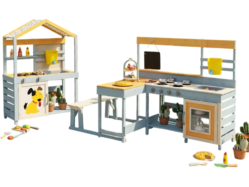 Ultimate kids outdoor play complex featuring a wooden mud kitchen, BBQ grill, and picnic table in a vibrant garden.