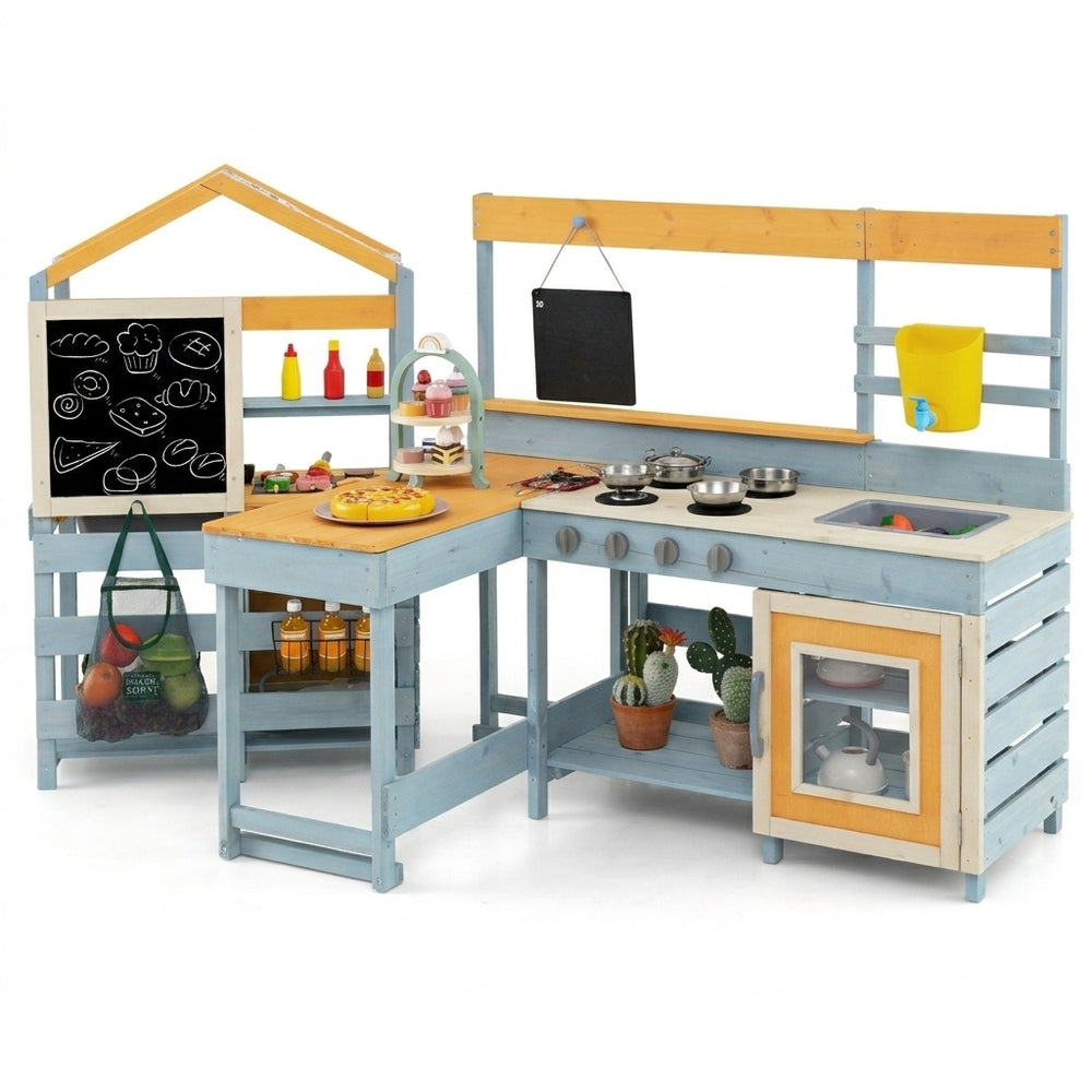 Colorful 4-in-1 wooden mud kitchen and BBQ grill set with picnic table, featuring realistic water action and storage.