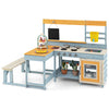 Wooden mud kitchen and BBQ grill set with picnic table, featuring dual sinks, storage, and kid-safe design for outdoor.