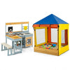 3-in-1 kids outdoor play center featuring a wooden mud kitchen, picnic table, and sandbox with a protective canopy.