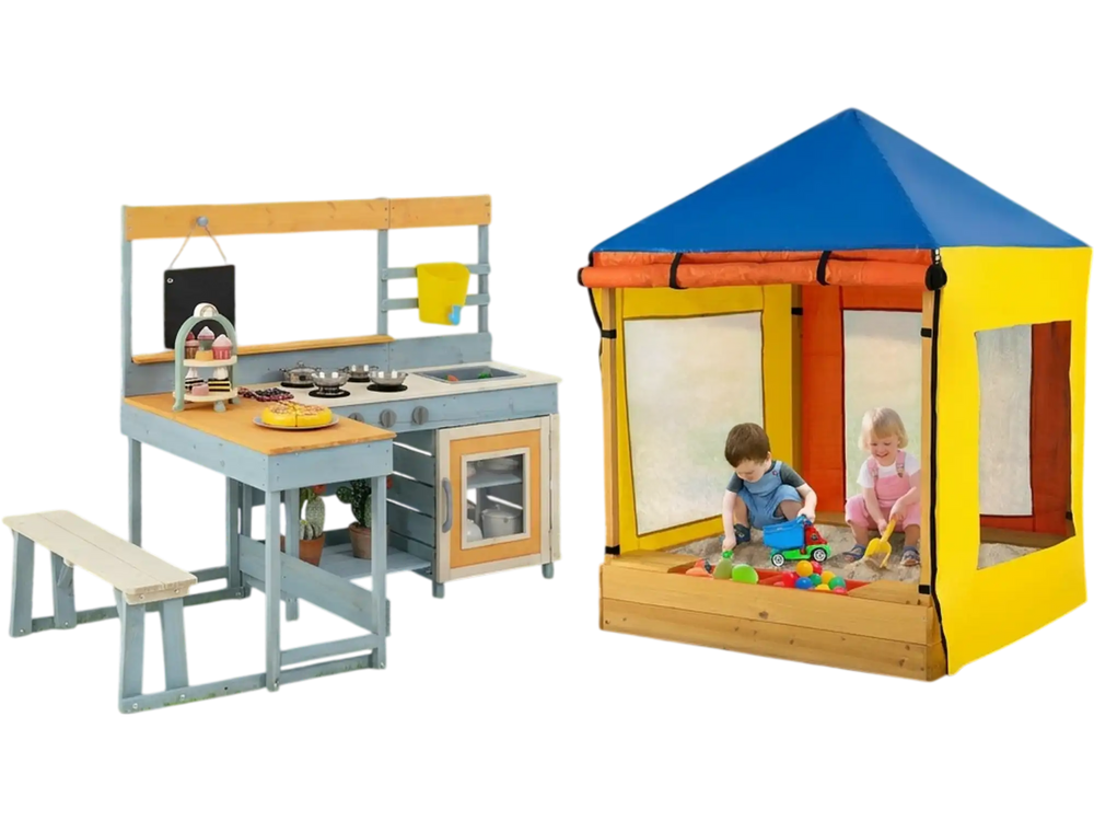 Kids outdoor play center featuring a wooden mud kitchen, picnic table, and sandbox with a protective canopy in a.