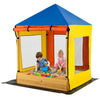 Kids playing in the Ultimate Kids Outdoor Play Center with a sandbox and protective canopy for outdoor fun.