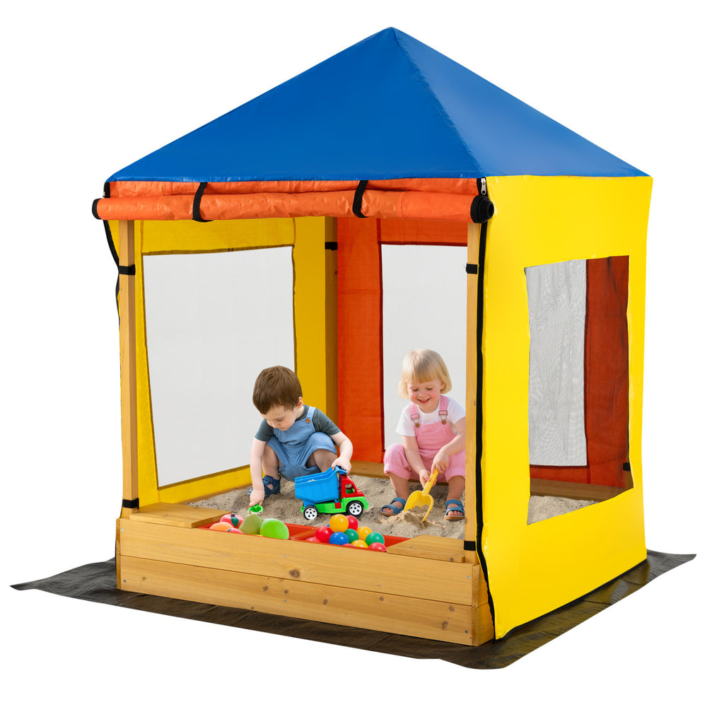 Kids playing in the Ultimate Kids Outdoor Play Center with a sandbox and protective canopy for outdoor fun.