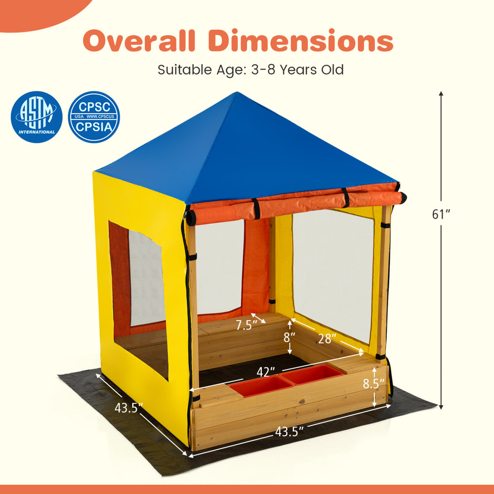Ultimate kids outdoor play center with a blue canopy, showcasing dimensions for a mud kitchen, picnic table, and.