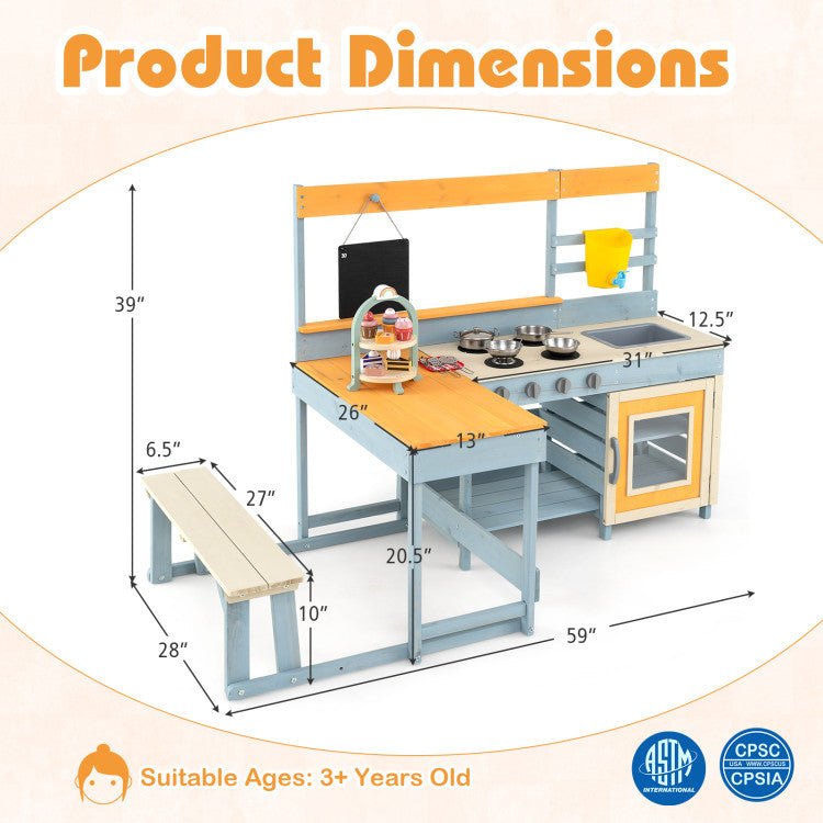 Dimensions of the Ultimate Kids Outdoor Backyard Play Center, showcasing the mud kitchen, picnic table, and sandbox.