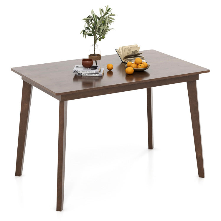 48-inch wooden dining table with natural rubber wood legs, paired with rattan chairs, perfect for dining rooms or.