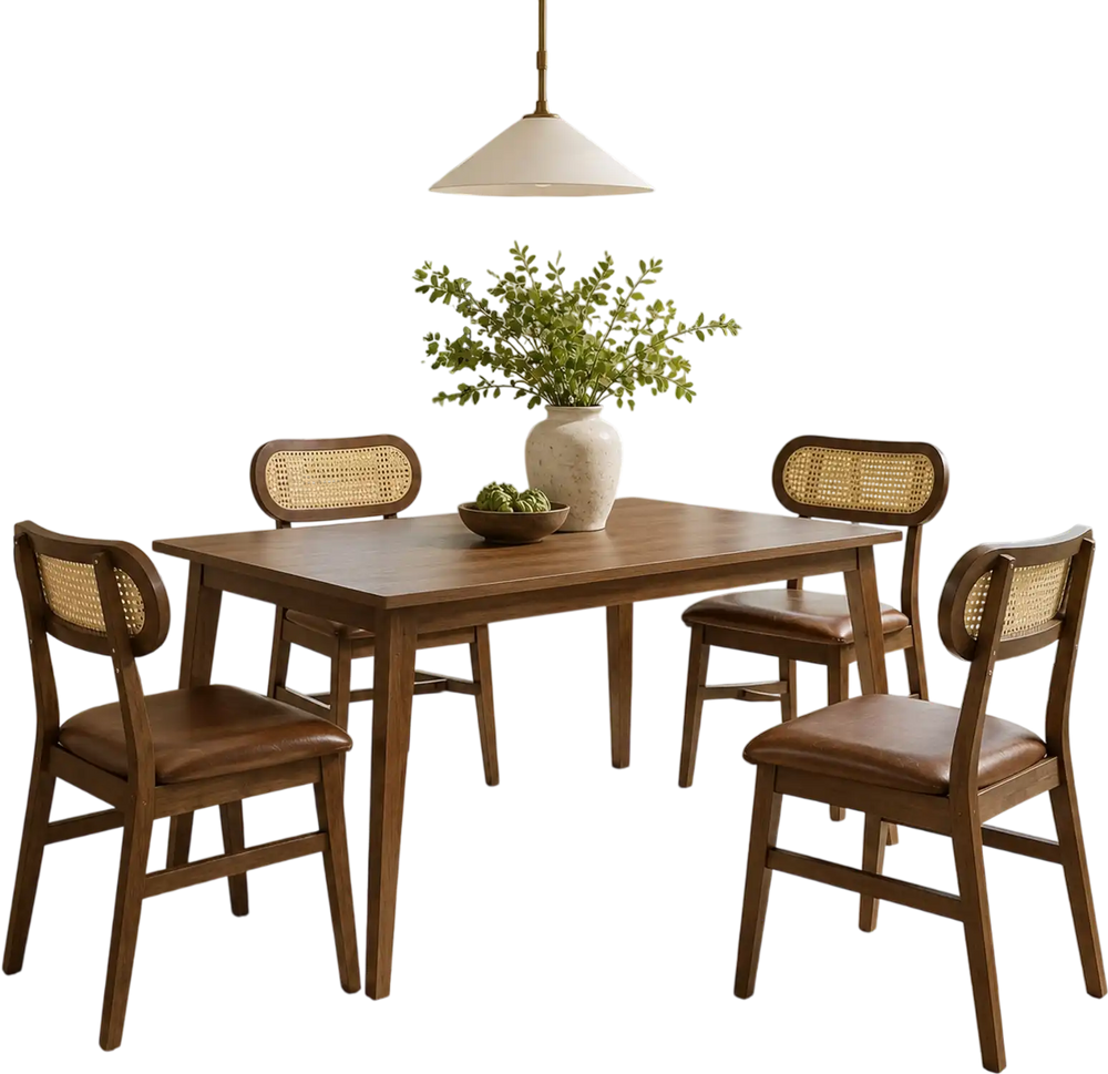 Rattan backrest dining chair with padded seat, featuring a durable brown rubber wood frame for stylish comfort.