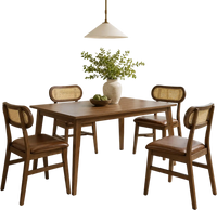 Rattan backrest dining chair with padded seat, featuring a durable brown rubber wood frame for stylish comfort.