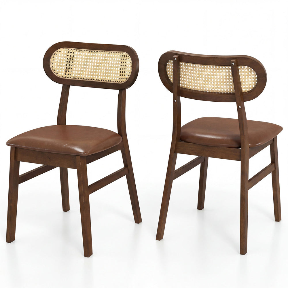 Brown rattan dining chairs with padded seats and natural wood frames, perfect for mid-century dining room setups.