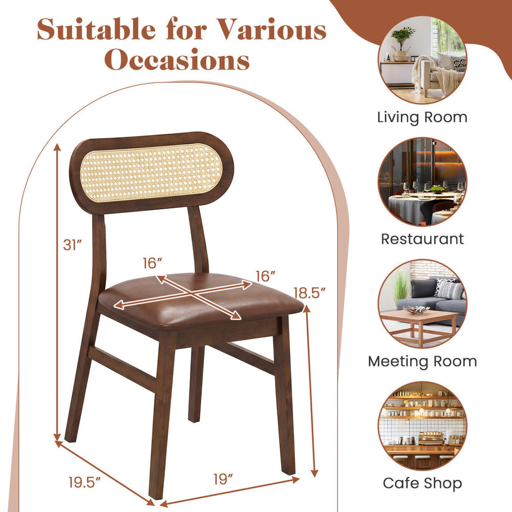 Mid-century rattan dining chair with brown wood frame, ideal for dining rooms, cafes, and versatile occasions.