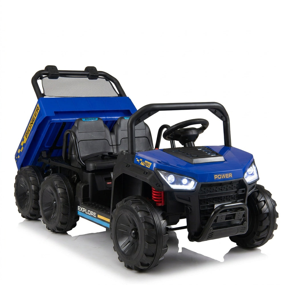 Two-seater 24V kids ride-on dump truck with electric dump bed, 4WD, LED lights, and realistic controls for outdoor fun.