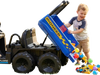 Kids ride-on dump truck with electric dump bed, 2-seater design, and 4WD for outdoor fun and exploration.
