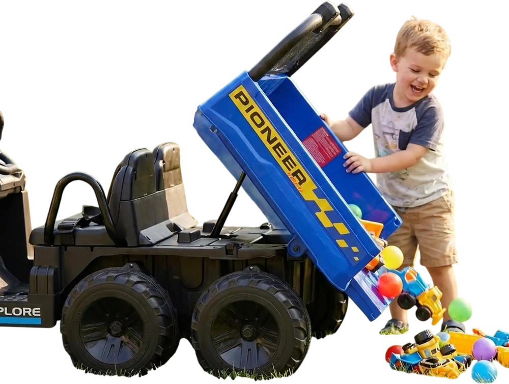 Kids ride-on dump truck with electric dump bed, 2-seater design, and 4WD for outdoor fun and exploration.