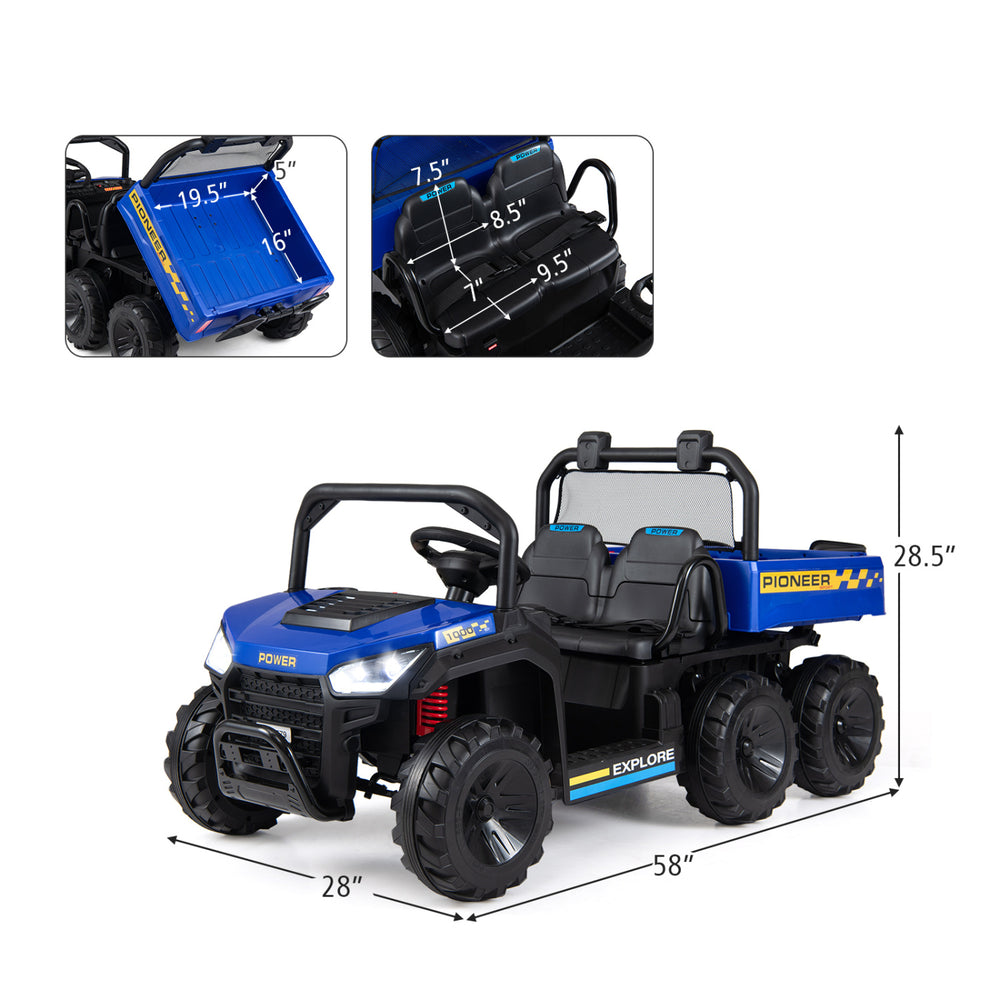24V kids ride-on dump truck with electric dump bed, 2-seater design, 4WD, and realistic controls for outdoor fun.