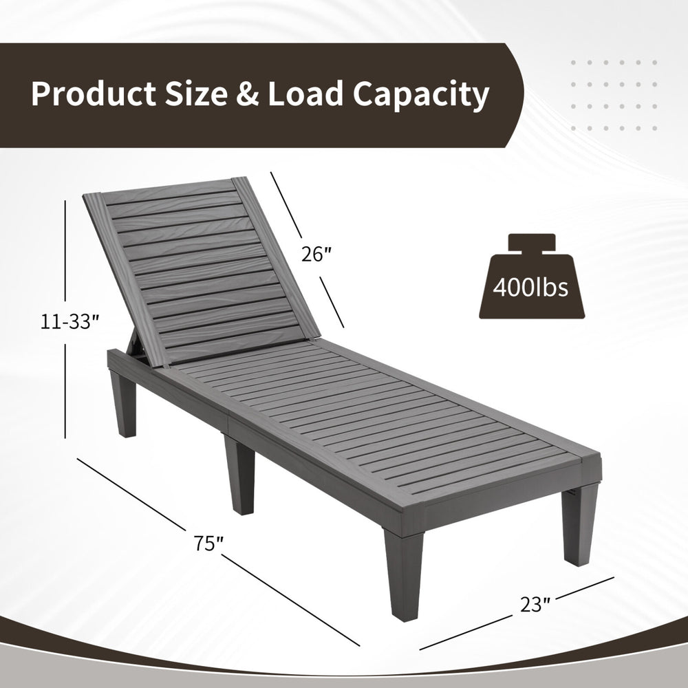 Gray outdoor chaise lounge chair with adjustable backrest, sturdy construction, perfect for patio or poolside use.